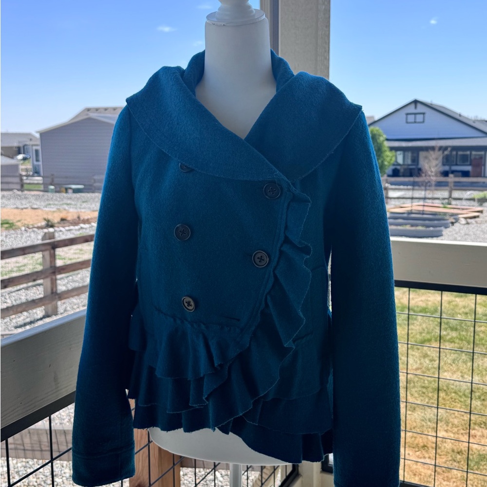 Anthropologie Elevenses Teal Ruffle Hem Wool Blend Double-Breasted Womens Jacket